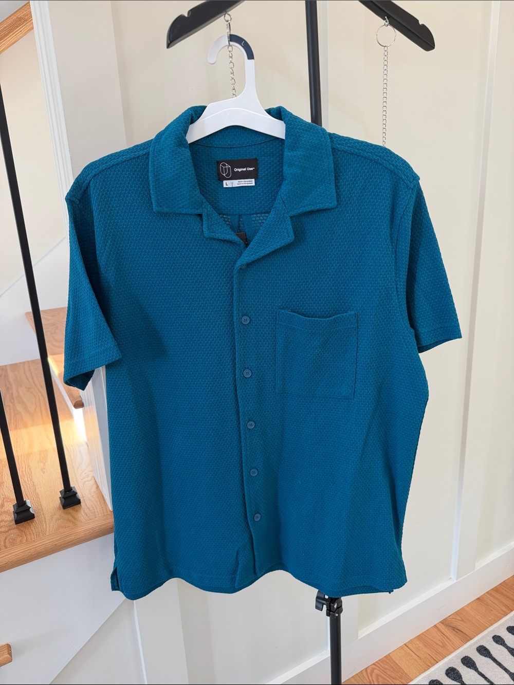 Original Use Teal Textured Camp Collar Button-Front Shirt Large #452